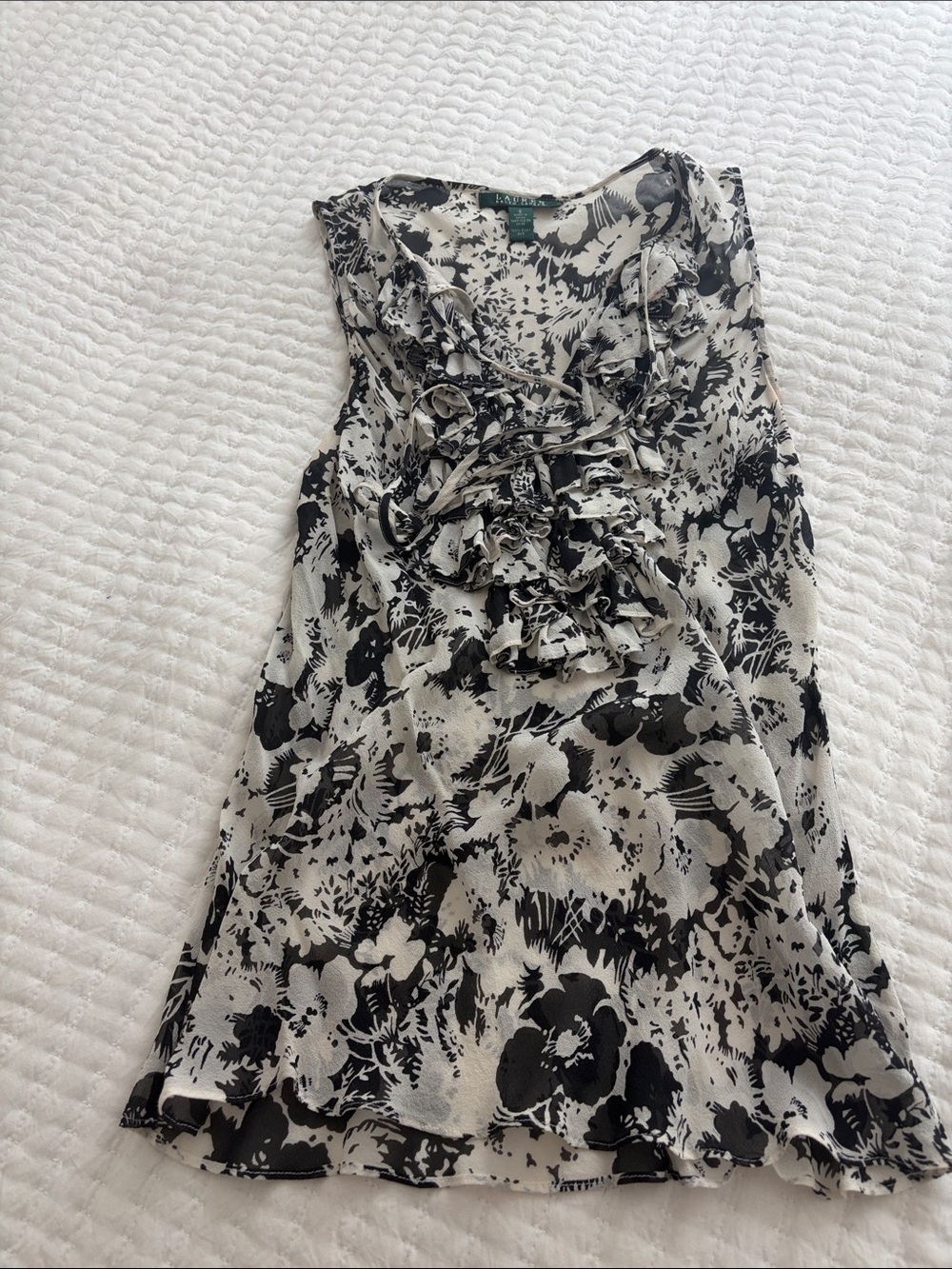 Lauren Ralph Lauren Black and White Ruffled Floral Sleeveless Dress